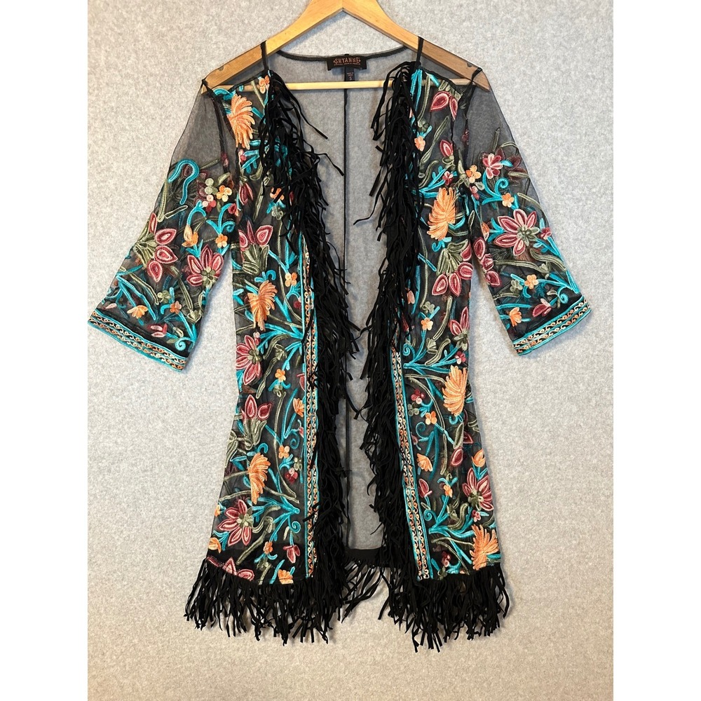 Shyanne Kimono Duster Women Small Black Floral Embroidered Fringe Mesh Boho